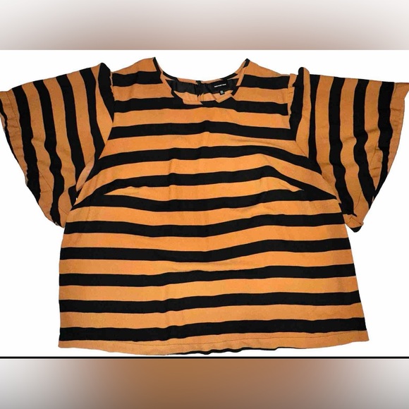 WHO WHAT WEAR Orange Black Striped Silky Tee Blouse Short Bell Sleeves 2XL - Picture 1 of 9